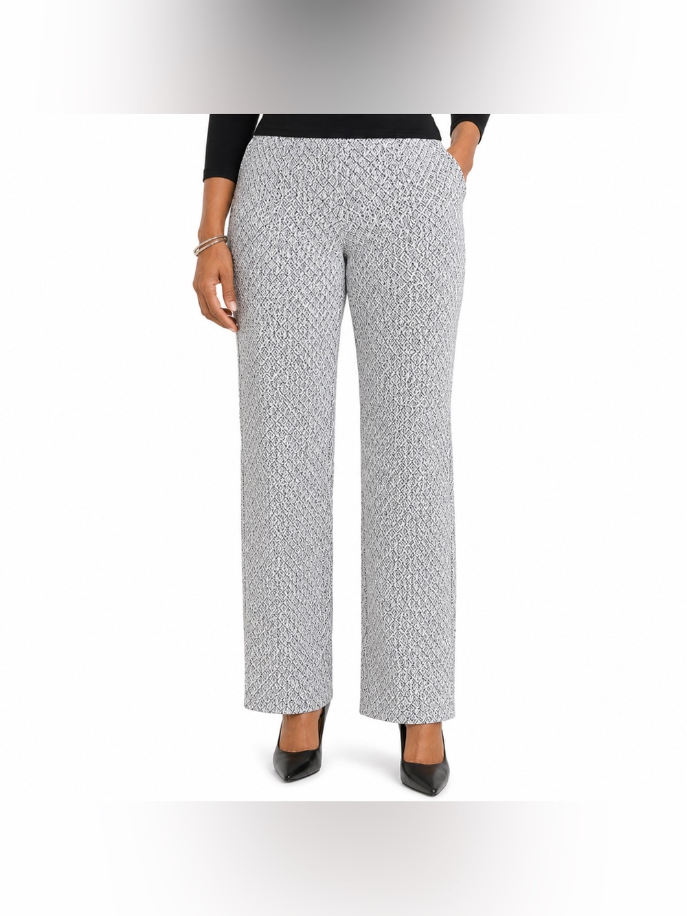Melissa Paige Pull-On White Gray/Gold Metallic Straight Knit Pants Size PL/PG